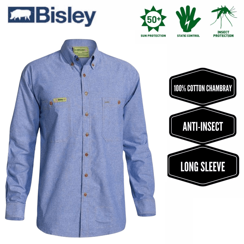 BISLEY Insect Protection Repellent Long Sleeve Casual Shirt Fishing Camping - Blue - S Payday Deals