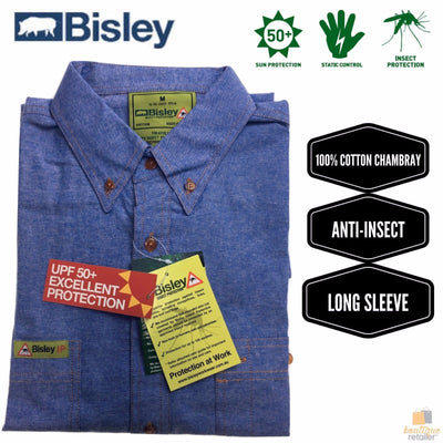 BISLEY Insect Protection Repellent Long Sleeve Casual Shirt Fishing Camping - Blue - S Payday Deals