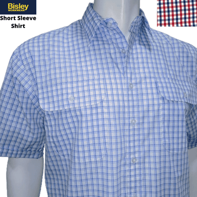 Bisley Mens Short Sleeve Check Shirt Checkered 100% Cotton Casual Business Work - Red - L Payday Deals