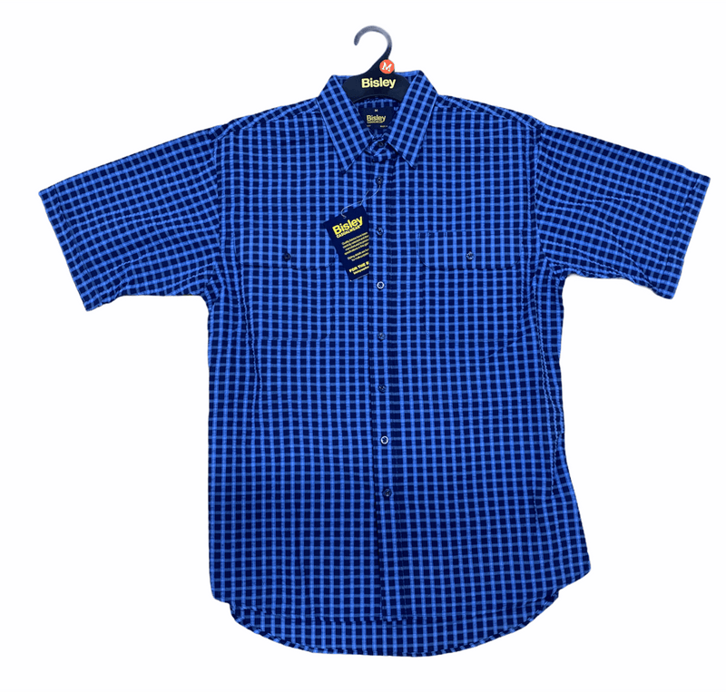 Bisley Mens Short Sleeve Seersucker Shirt Checkered Cotton Blend Casual Business Work - Blue - M Payday Deals