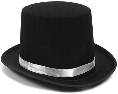 BLACK SATIN TOP HAT w Silver Ribbon Band Costume Mad Hatter Party Magician Payday Deals