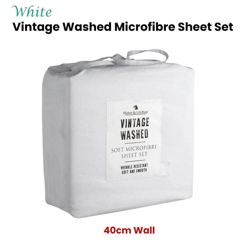 Blake & Lindsay White Vintage Washed Microfibre Sheet Set 40cm Wall King Single Payday Deals