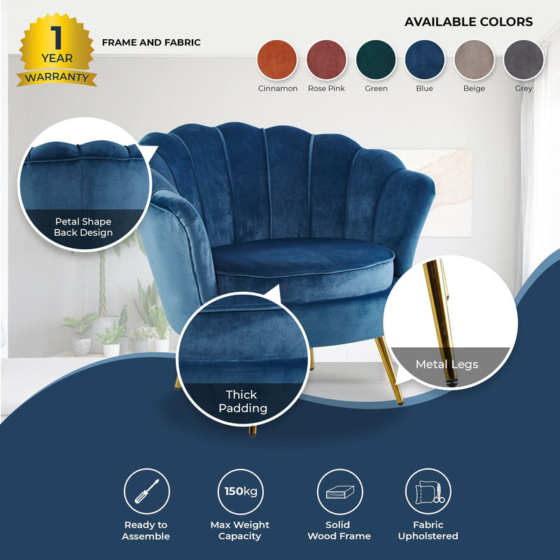 Bloomer Velvet Fabric Accent Sofa Love Chair Round Ottoman Set - Blue Payday Deals