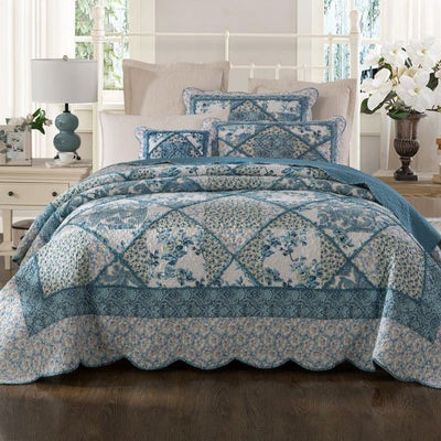 Blue Bouquet Cotton 100% Cotton Quilted 2 pcs Bedspread Coverlet Set King Single