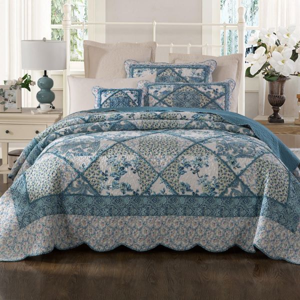 Blue Bouquet Cotton 100% Cotton Quilted 2 pcs Bedspread Coverlet Set King Single Payday Deals