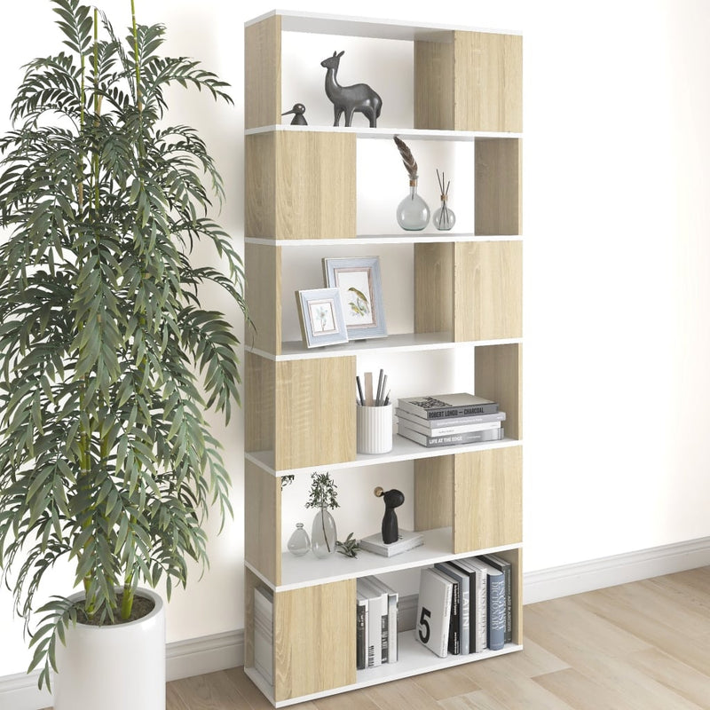 Book Cabinet Room Divider White and Sonoma Oak 80x24x186 cm Engineered Wood Payday Deals