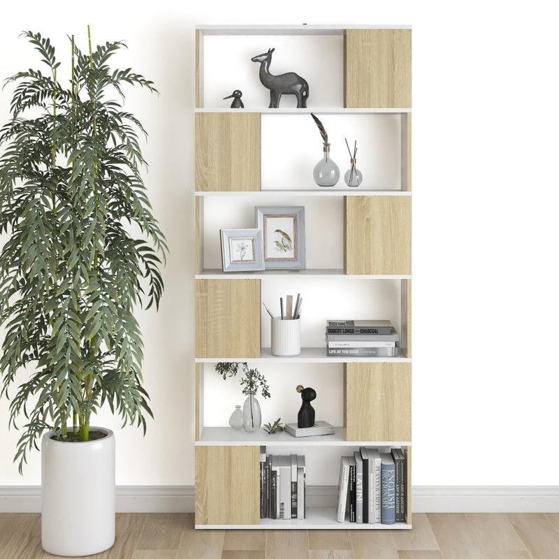 Book Cabinet Room Divider White and Sonoma Oak 80x24x186 cm Engineered Wood Payday Deals
