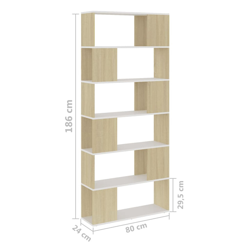 Book Cabinet Room Divider White and Sonoma Oak 80x24x186 cm Engineered Wood Payday Deals