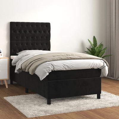 Box Spring Bed with Mattress Black 106x203 cm King Single Size Velvet Payday Deals