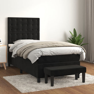 Box Spring Bed with Mattress Black 106x203 cm King Single Size Velvet Payday Deals