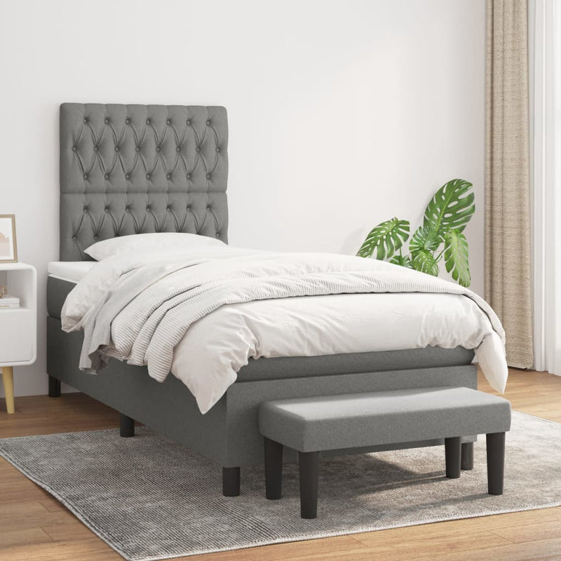 Box Spring Bed with Mattress Dark Grey 106x203 cm King Single Size Fabric Payday Deals