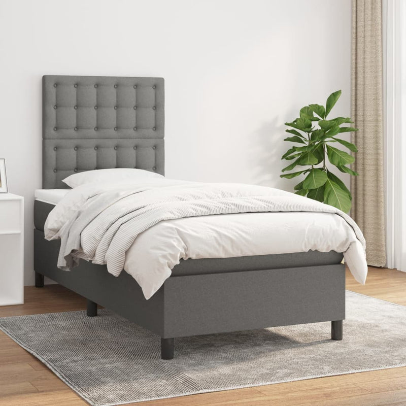 Box Spring Bed with Mattress Dark Grey 106x203 cm King Single Size Fabric Payday Deals