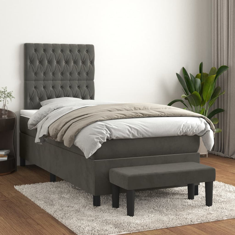 Box Spring Bed with Mattress Dark Grey 106x203 cm King Single Size Velvet Payday Deals