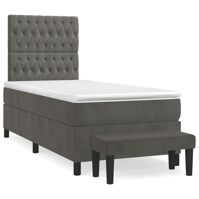 Box Spring Bed with Mattress Dark Grey 106x203 cm King Single Size Velvet Payday Deals