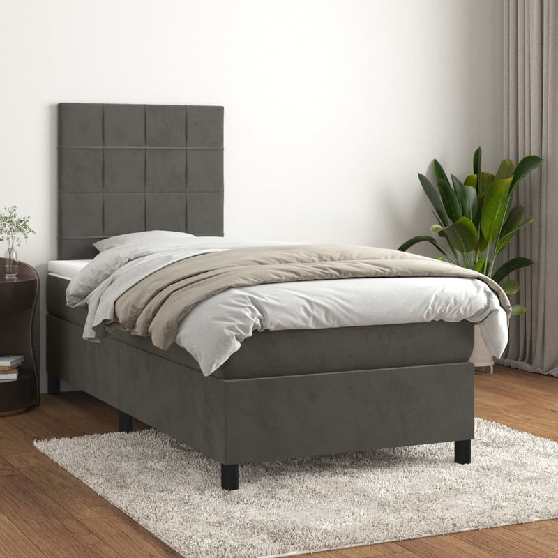 Box Spring Bed with Mattress Dark Grey 106x203 cm King Single Size Velvet Payday Deals