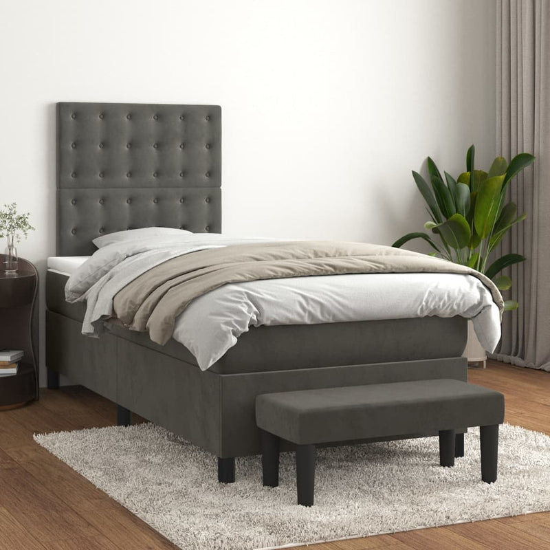 Box Spring Bed with Mattress Dark Grey 106x203 cm King Single Size Velvet Payday Deals
