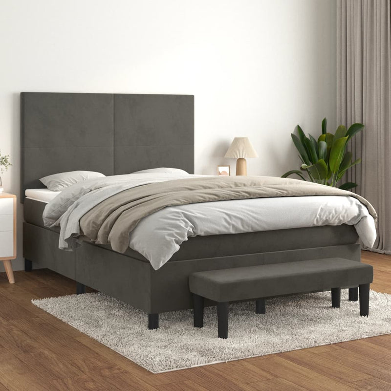 Box Spring Bed with Mattress Dark Grey 137x187 cm Double Size Velvet Payday Deals