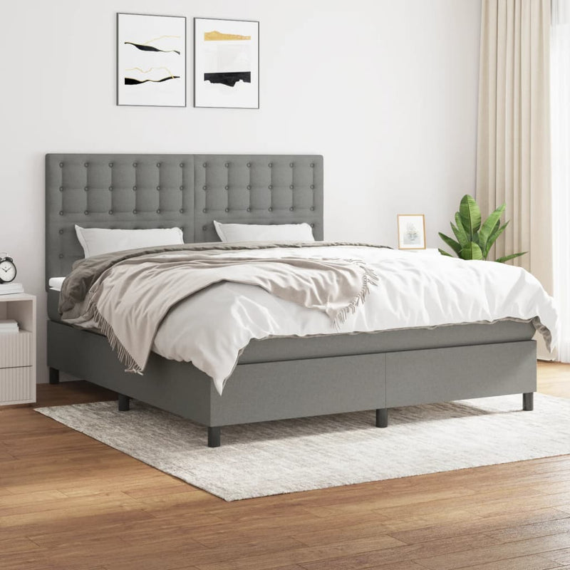 Box Spring Bed with Mattress Dark Grey 153x203 cm Queen Size Fabric Payday Deals