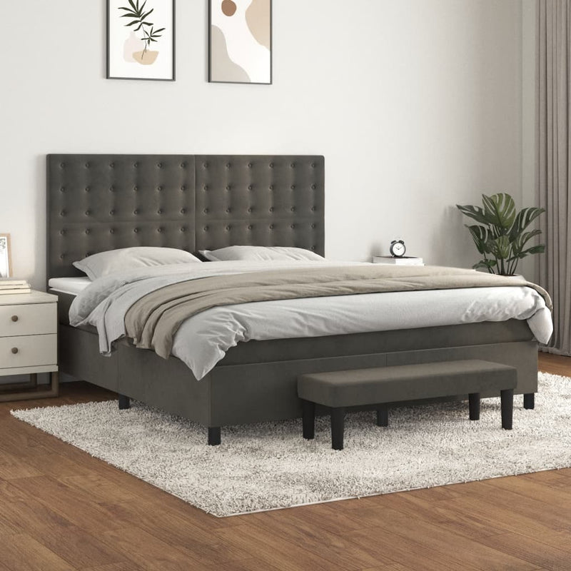 Box Spring Bed with Mattress Dark Grey 153x203 cm Queen Size Velvet Payday Deals