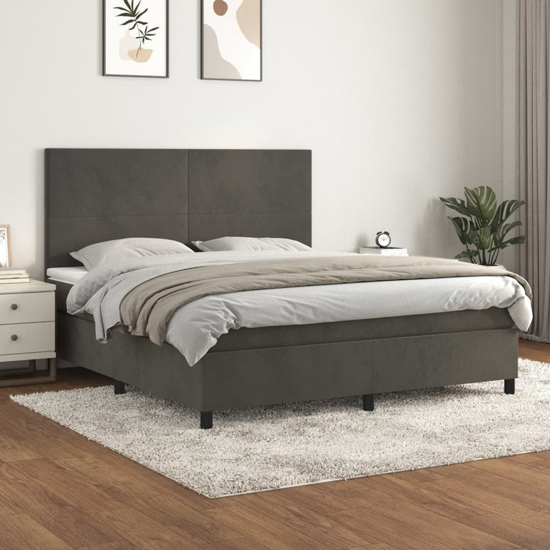 Box Spring Bed with Mattress Dark Grey 153x203 cm Queen Size Velvet Payday Deals