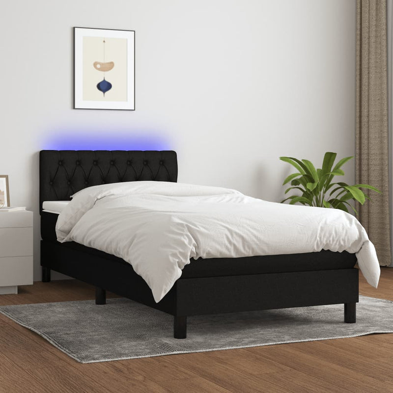 Box Spring Bed with Mattress&LED Black 106x203 cm King Single Size Fabric Payday Deals