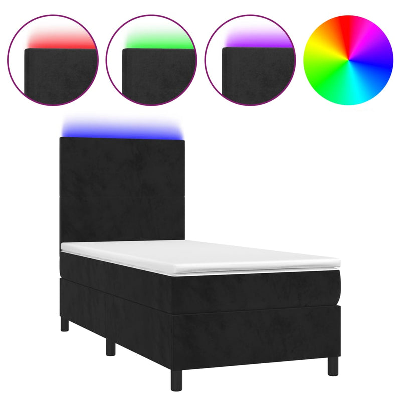 Box Spring Bed with Mattress&LED Black 106x203 cm King Single Size Velvet Payday Deals