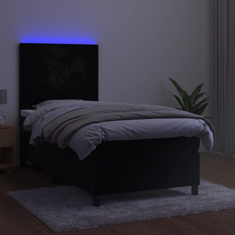Box Spring Bed with Mattress&LED Black 106x203 cm King Single Size Velvet Payday Deals