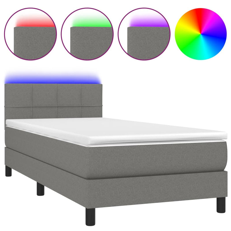 Box Spring Bed with Mattress&LED Dark Grey 100x200cm Fabric Payday Deals