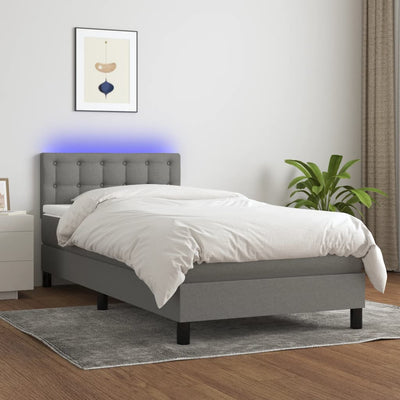 Box Spring Bed with Mattress&LED Dark Grey 100x200cm Fabric Payday Deals