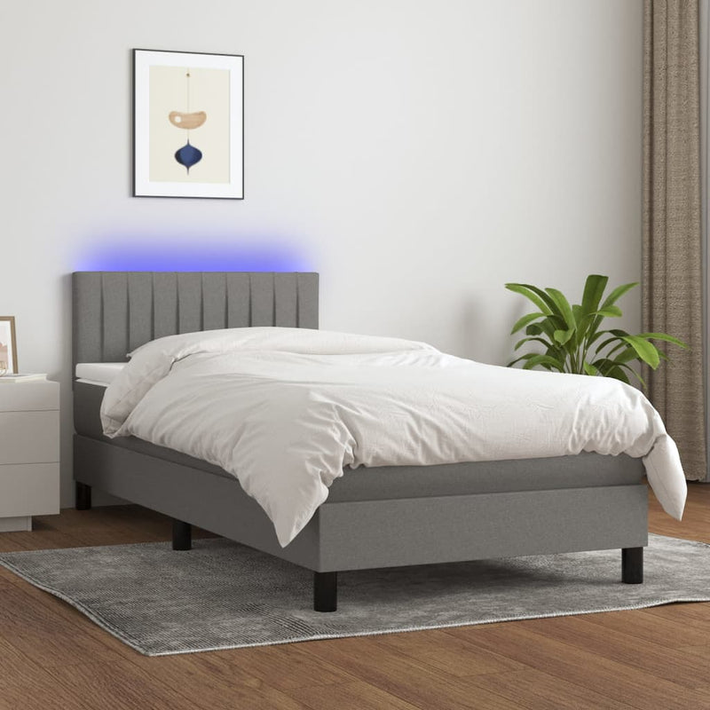 Box Spring Bed with Mattress&LED Dark Grey 100x200cm Fabric Payday Deals