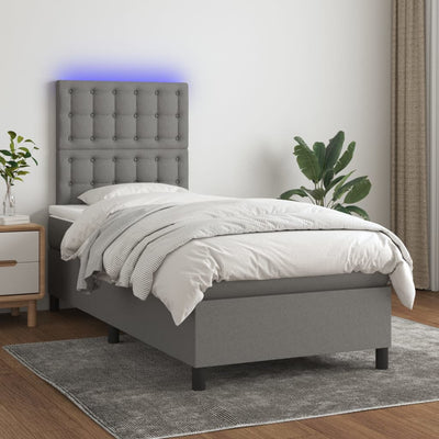 Box Spring Bed with Mattress&LED Dark Grey 106x203 cm King Single Size Fabric