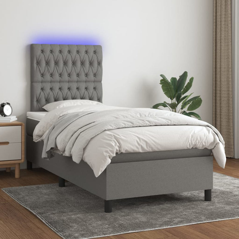 Box Spring Bed with Mattress&LED Dark Grey 106x203 cm King Single Size Fabric Payday Deals