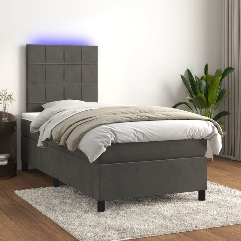 Box Spring Bed with Mattress&LED Dark Grey 106x203 cm King Single Size Velvet Payday Deals