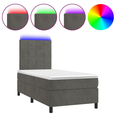 Box Spring Bed with Mattress&LED Dark Grey 106x203 cm King Single Size Velvet Payday Deals
