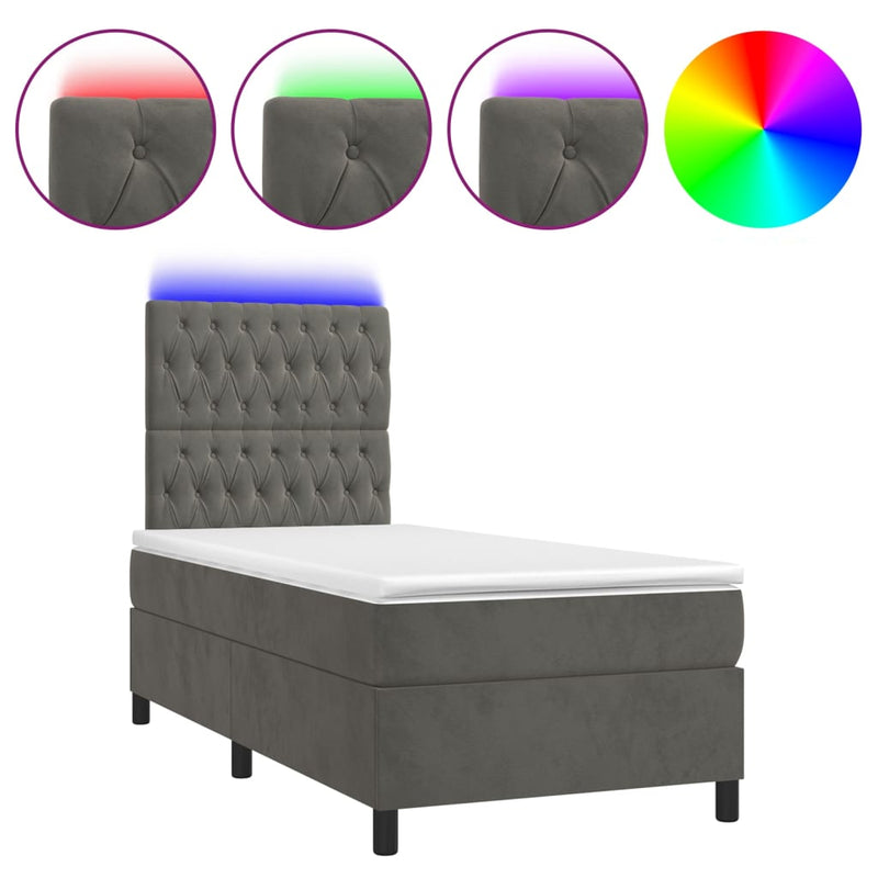 Box Spring Bed with Mattress&LED Dark Grey 106x203 cm King Single Size Velvet Payday Deals