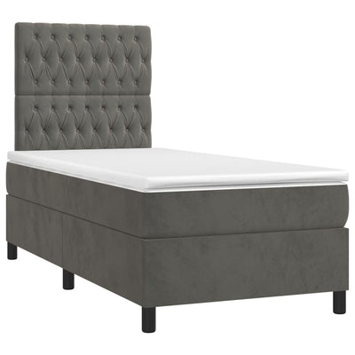 Box Spring Bed with Mattress&LED Dark Grey 106x203 cm King Single Size Velvet Payday Deals