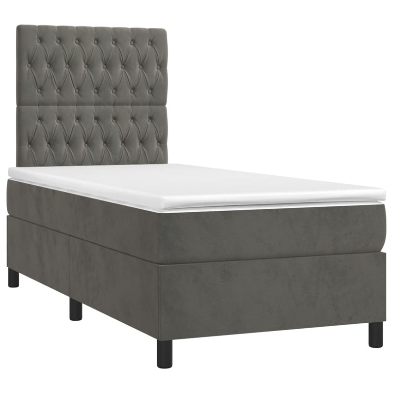 Box Spring Bed with Mattress&LED Dark Grey 106x203 cm King Single Size Velvet Payday Deals