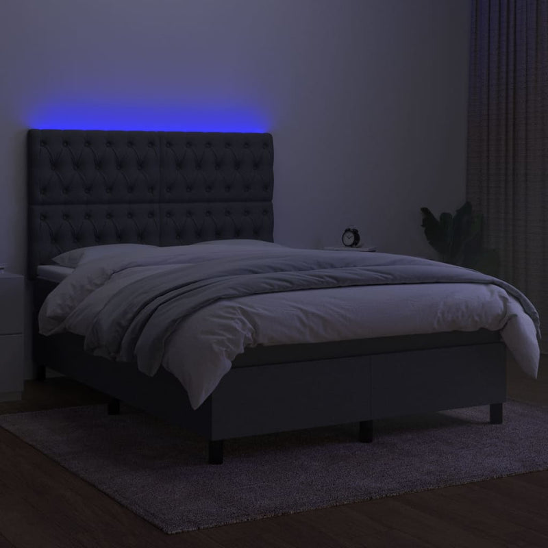 Box Spring Bed with Mattress&LED Dark Grey 137x187 cm Double Size Fabric Payday Deals