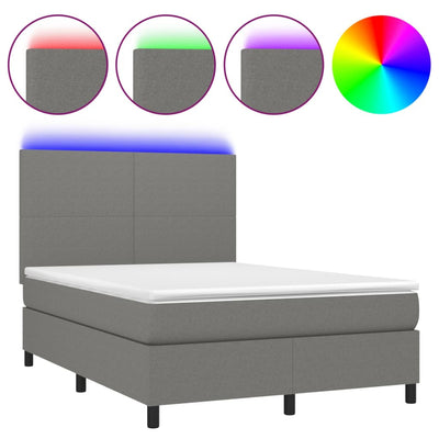 Box Spring Bed with Mattress&LED Dark Grey 137x187 cm Double Size Fabric Payday Deals