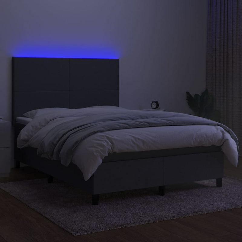 Box Spring Bed with Mattress&LED Dark Grey 137x187 cm Double Size Fabric Payday Deals