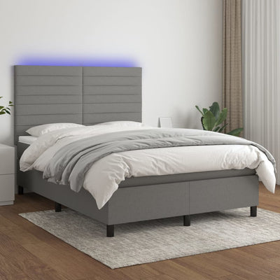 Box Spring Bed with Mattress&LED Dark Grey 137x190 cm Double Fabric