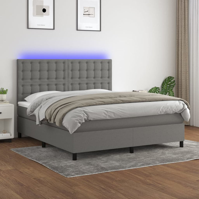 Box Spring Bed with Mattress&LED Dark Grey 153x203 cm Queen Size Fabric Payday Deals