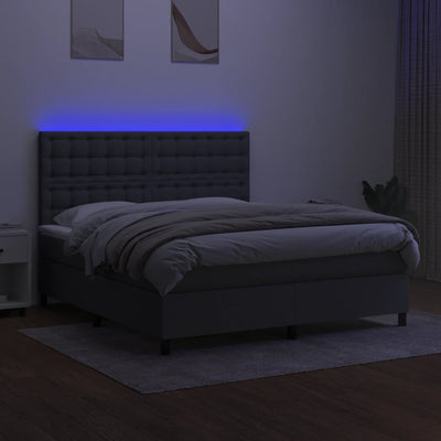 Box Spring Bed with Mattress&LED Dark Grey 153x203 cm Queen Size Fabric Payday Deals
