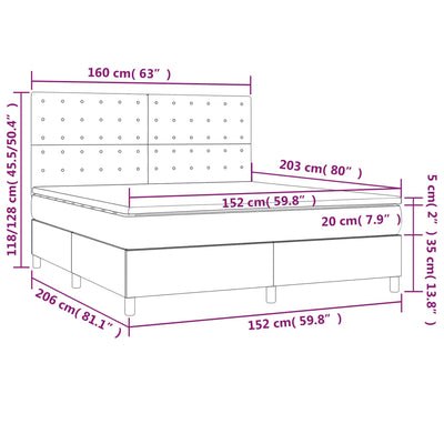 Box Spring Bed with Mattress&LED Dark Grey 153x203 cm Queen Size Fabric Payday Deals