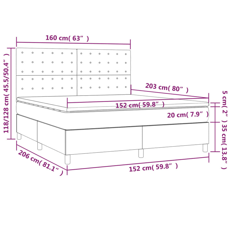 Box Spring Bed with Mattress&LED Dark Grey 153x203 cm Queen Size Fabric Payday Deals