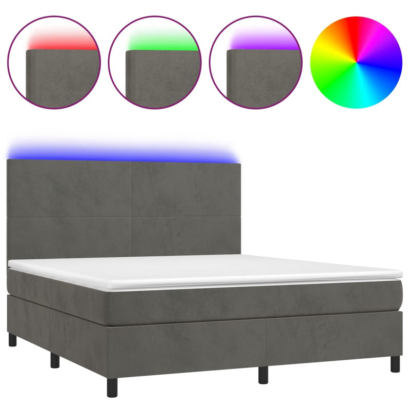 Box Spring Bed with Mattress&LED Dark Grey 153x203 cm Queen Size Velvet Payday Deals