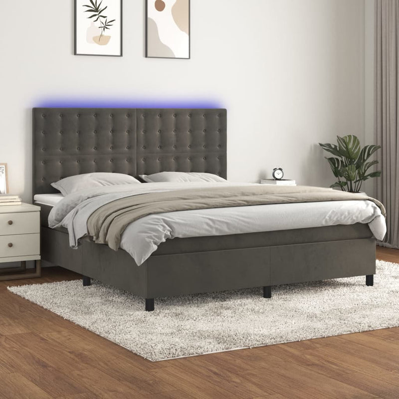 Box Spring Bed with Mattress&LED Dark Grey 153x203 cm Queen Size Velvet Payday Deals