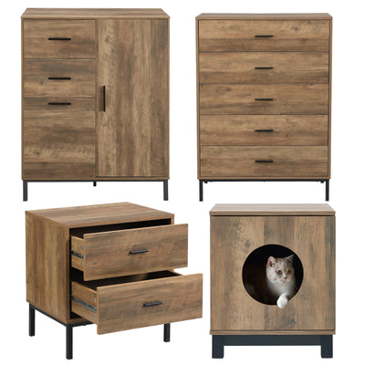 Bronx 4-piece storage bundle - Bronx Tall Chest Wardrobe, Chest of 5 Drawers, 2-Drawer Bedside Table, and Pet End Table