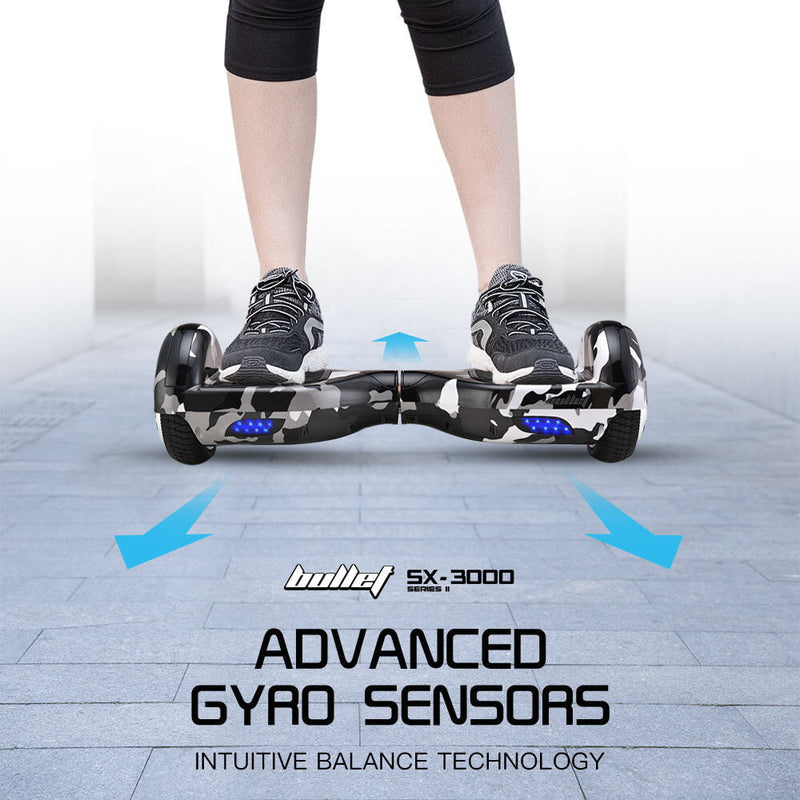 BULLET Electric Hoverboard Scooter 6.5 Inch Wheels, Colour LED Lighting, Carry Bag, Gen III Camo Grey Payday Deals