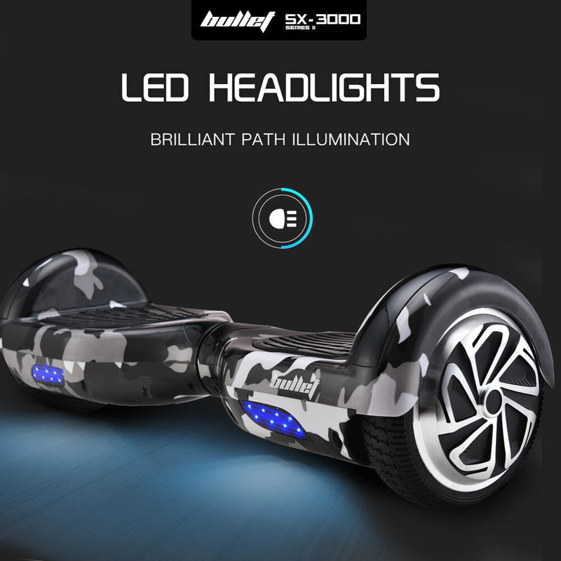 BULLET Electric Hoverboard Scooter 6.5 Inch Wheels, Colour LED Lighting, Carry Bag, Gen III Camo Grey Payday Deals